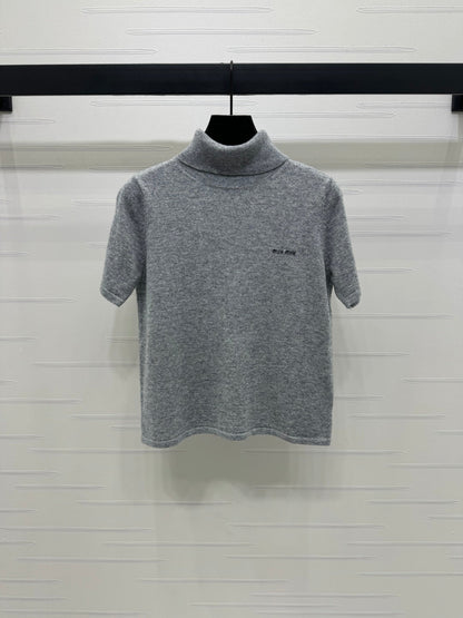 2025 early autumn new high collar knitted short sleeves
