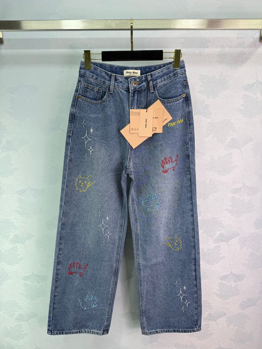 2025 Early Autumn New High Waist Embroidered Denim Pants