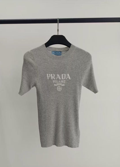 2025 Gold thread letter embroidery knitted short sleeved shirt