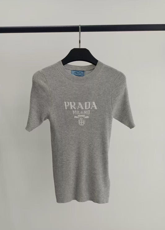 2025 Gold thread letter embroidery knitted short sleeved shirt