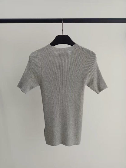 2025 Gold thread letter embroidery knitted short sleeved shirt