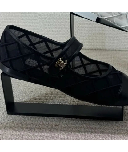 Mary Janes Flats Black Mesh Leather