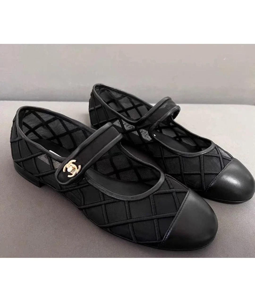 Mary Janes Flats Black Mesh Leather
