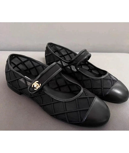 Mary Janes Flats Black Mesh Leather