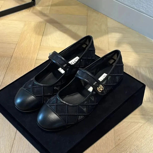 Mary Janes Flats Black Mesh Leather