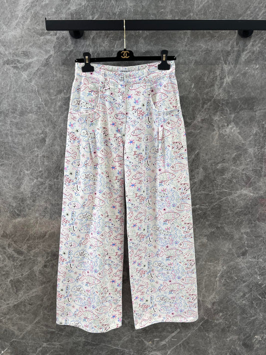 Early Spring Denim Trousers with Little Fish Print