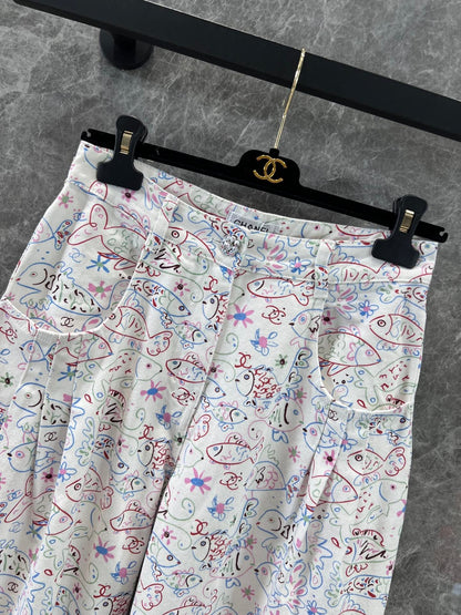 Early Spring Denim Trousers with Little Fish Print