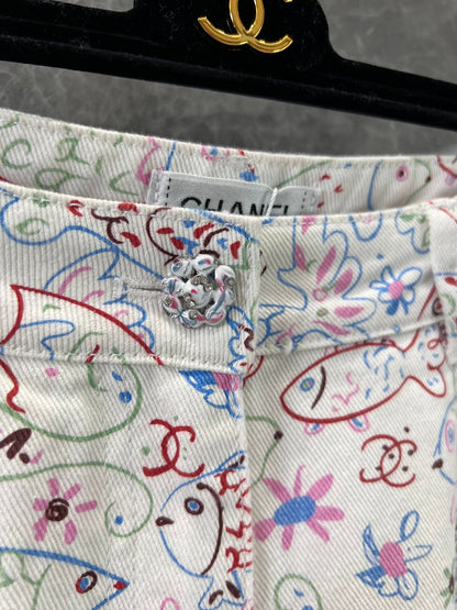 Early Spring Denim Trousers with Little Fish Print