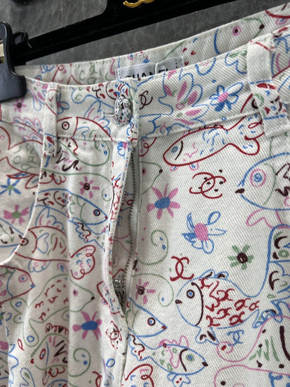 Early Spring Denim Trousers with Little Fish Print