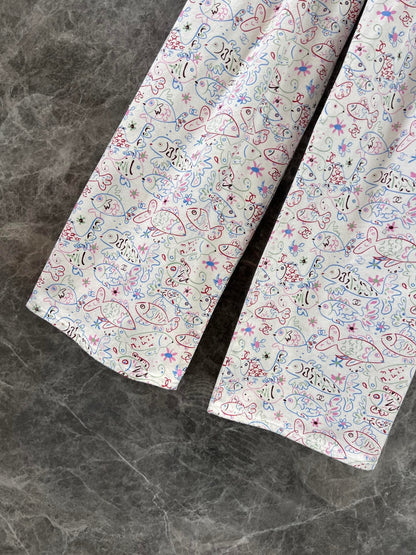 Early Spring Denim Trousers with Little Fish Print