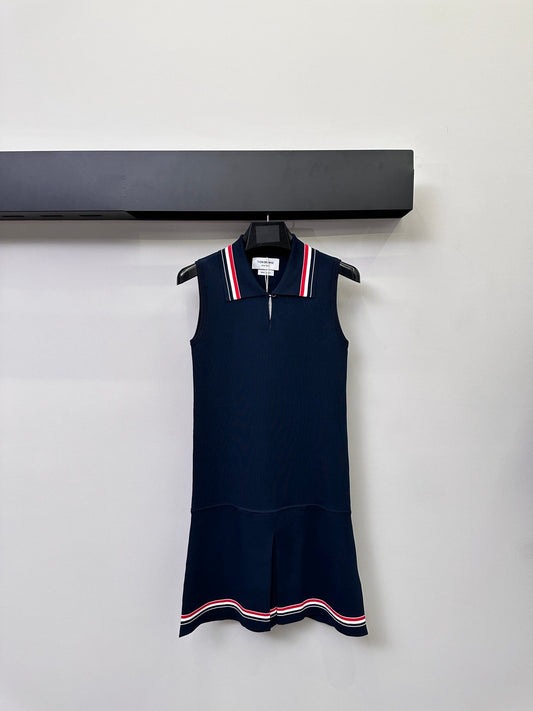 T Signature Sleeveless Polo Dress with Stripes