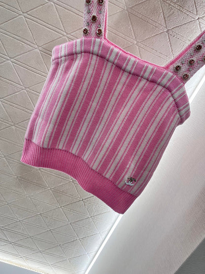 25 new Pink Striped Knit Tank with Pearl-Strap Detail