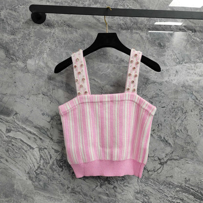 25 new Pink Striped Knit Tank with Pearl-Strap Detail