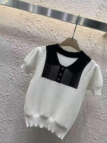 25 new Contrast-Trim Vintage Knit Top with Buttons