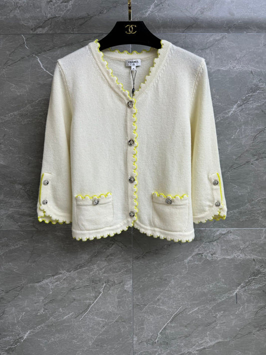Cream Knit Cardigan with Lemon Trim