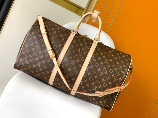 Keepall Bandouliere 55 Monogram Canvas Brown Gold Hardware