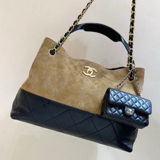 25A Shopping And Bowling Hobo Bags 36cm Brown Suede Black Lambskin