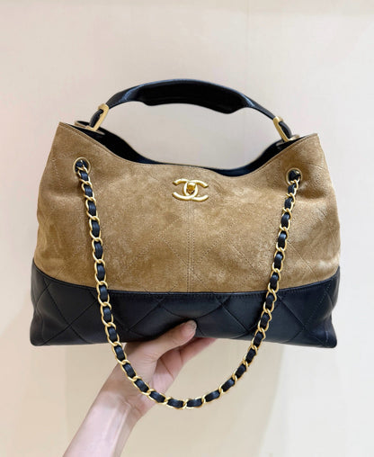 25A Shopping And Bowling Hobo Bags 36cm Brown Suede Black Lambskin