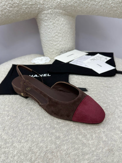 25A Slingback Flat Chocolate Dark Red Suede