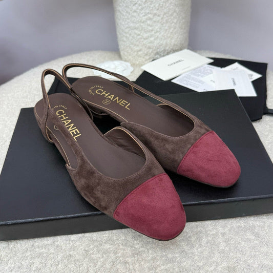 25A Slingback Flat Chocolate Dark Red Suede