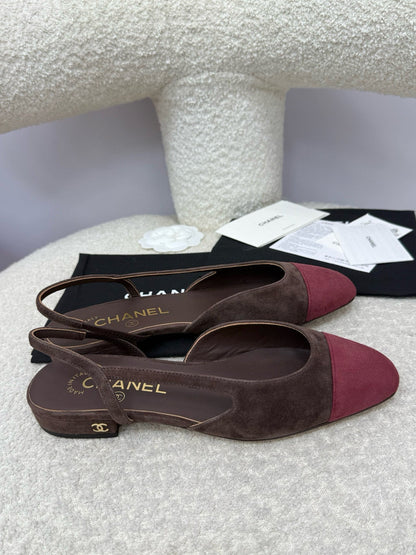 25A Slingback Flat Chocolate Dark Red Suede