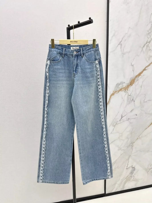 M 25 Splicing, water-soluble embroidered edges, rhinestone jeans