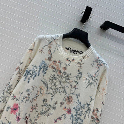 25 new cashmere sweater with plant and flower embroidery