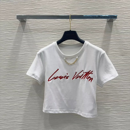 L 25 New Embroidered Letter Chain Short Sleeve Short T-Shirt