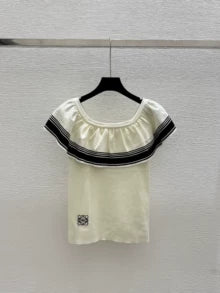 2025 Summer New Color-contrast Ruffled One-shoulder Knitted Short-sleeved Top