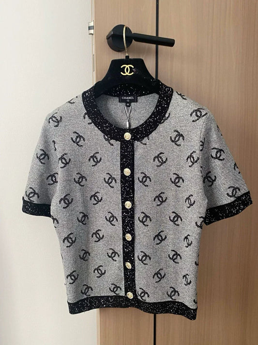 C 25 new color clashing pattern single-breasted round neck short-sleeved knitting