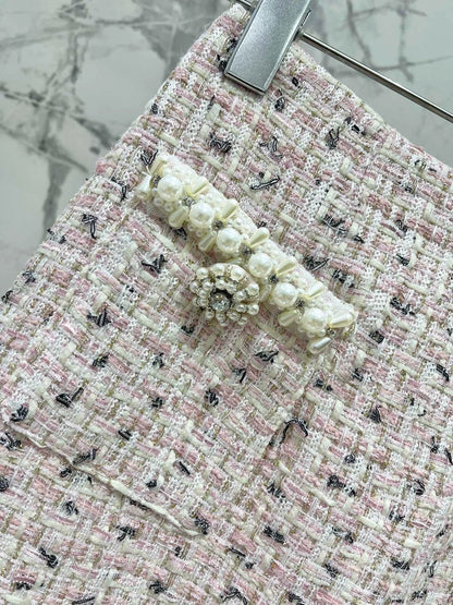 25 Summer new mixed color tweed pearl short suit