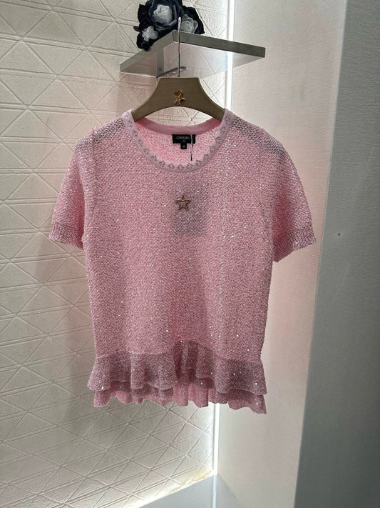 25 Starry Crystal Beaded Specialty Yarn Short Sleeve Top