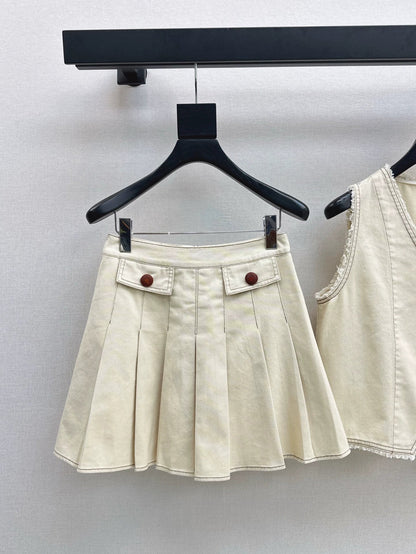 25 spring and summer new suit Sleeveless V-neck denim vest + age-reducing pressed pleated half skirt