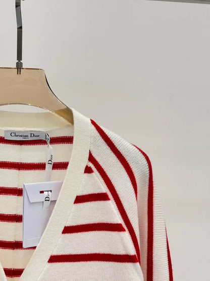 25 Spring and Summer new V-neck letter logo embroidery stripes contrast color casual knitted cardigan