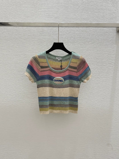 2025 Summer New Color Striped Knitted Short Sleeve Top