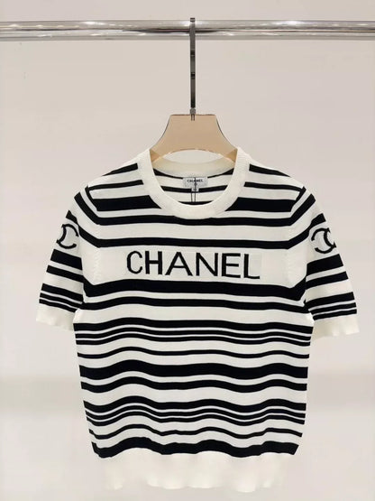 25 Summer New Black and White Striped Letter Logo Jacquard Knitted Short Sleeves