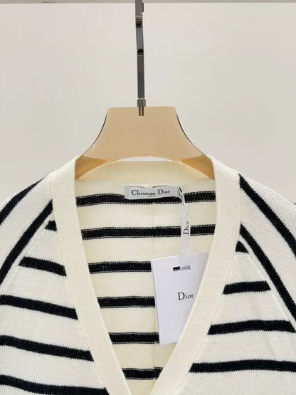 25 Spring and Summer new V-neck letter logo embroidery stripes contrast color casual knitted cardigan