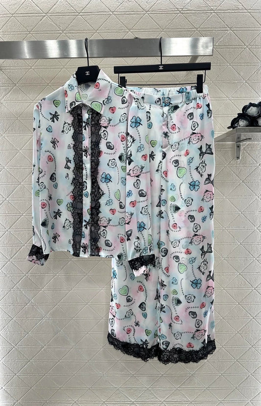 C 25 Reactive Print Lace Shirt and Pant Set