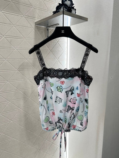 C 25 Reactive Print Lace Tank Top and Shorts Set