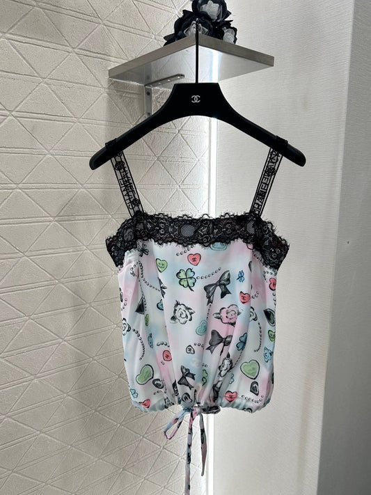 C 25 Reactive Print Lace Tank Top and Shorts Set