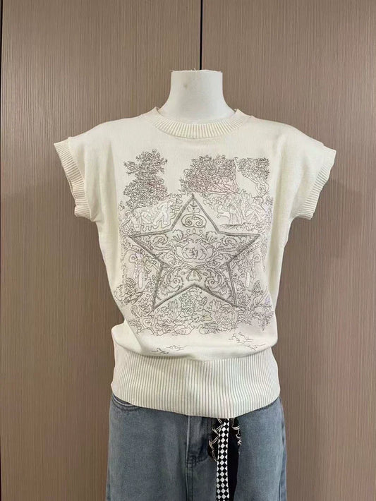 Five-pointed star heavy embroidery sleeveless top
