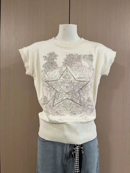 Five-pointed star heavy embroidery sleeveless top