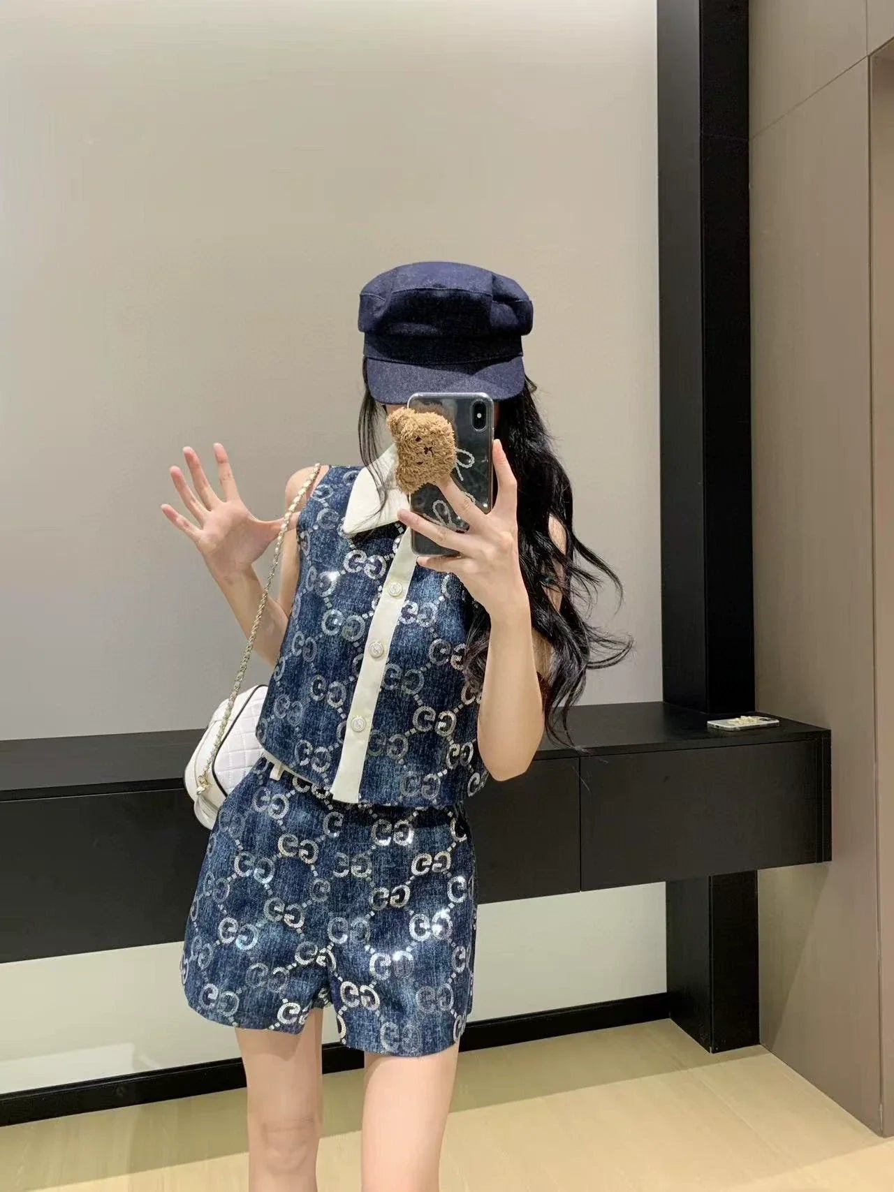 G 25 Denim beaded embroidered patchwork vest ➕shorts set
