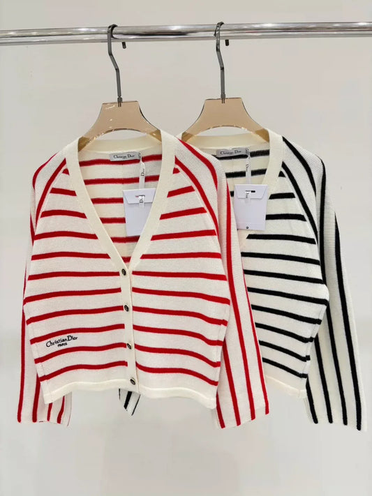 25 Spring and Summer new V-neck letter logo embroidery stripes contrast color casual knitted cardigan