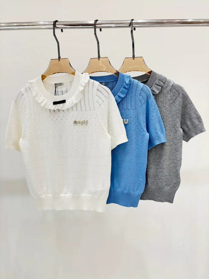 25 Early spring new round neck letter logo inlaid diamond ruffles decorative casual knitted short sleeves