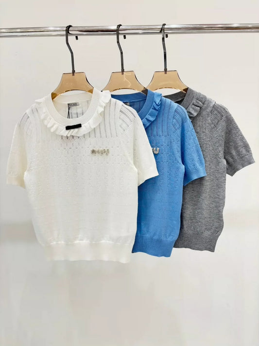 25 Early spring new round neck letter logo inlaid diamond ruffles decorative casual knitted short sleeves