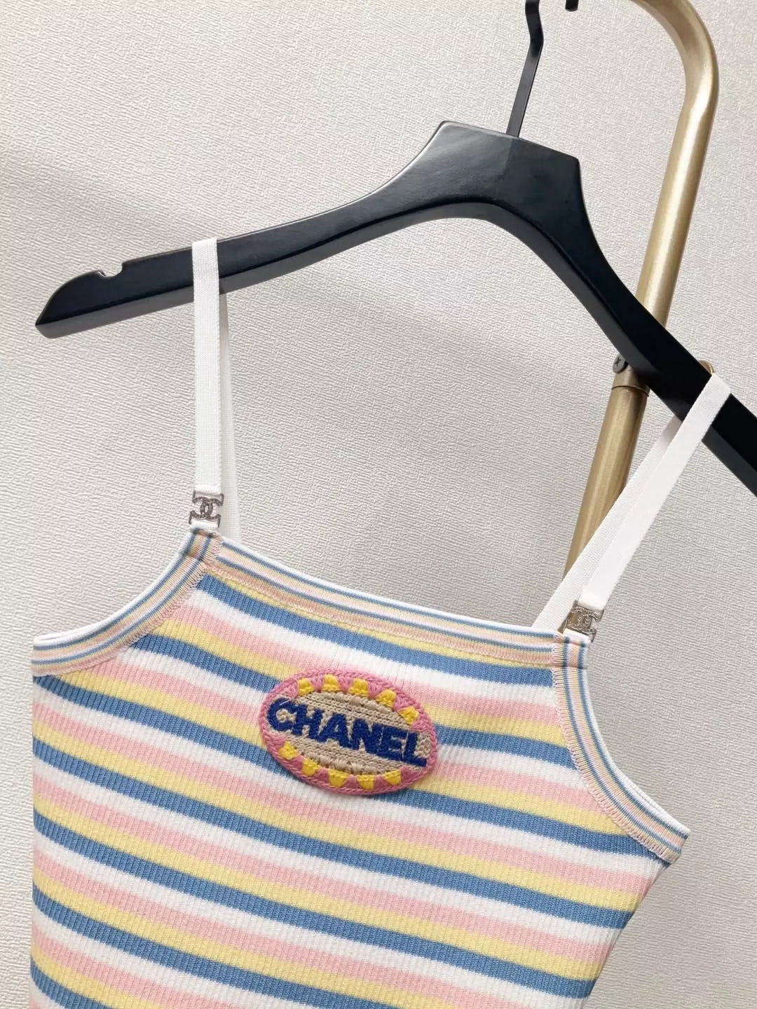 C 25 New Chest Letter Patch Embroidery Color-Crossing Stripe Knit Cami Short Tank Top
