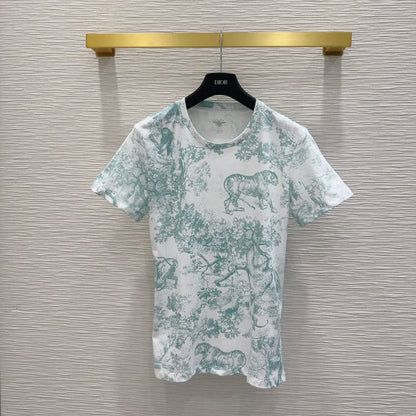 D 25 New Animal Jungle Print Round Neck Short Sleeve T-Shirt(pink green blue)
