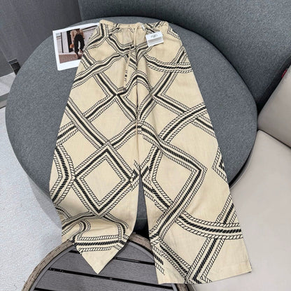 H 25 Summer Vintage Chain Print Linen Loose Trousers