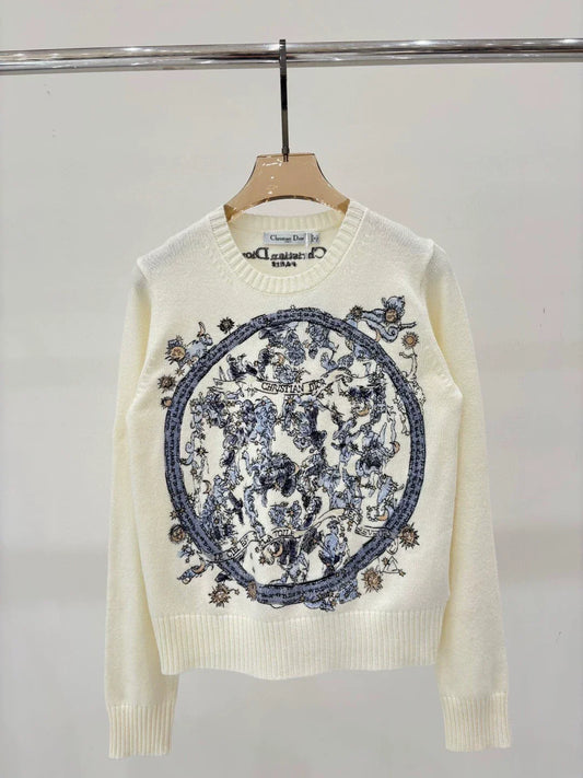 D 25 Spring and Summer New Round Neck Letters Floral Logo Embroidery Knitted Long Sleeves